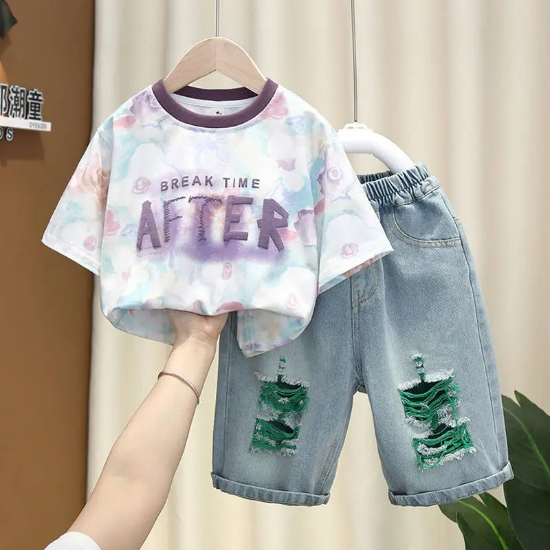 New Children's Printed Thin T-shirt+ hole Denim Shorts Teenager Boys Summer Fashion outfits
