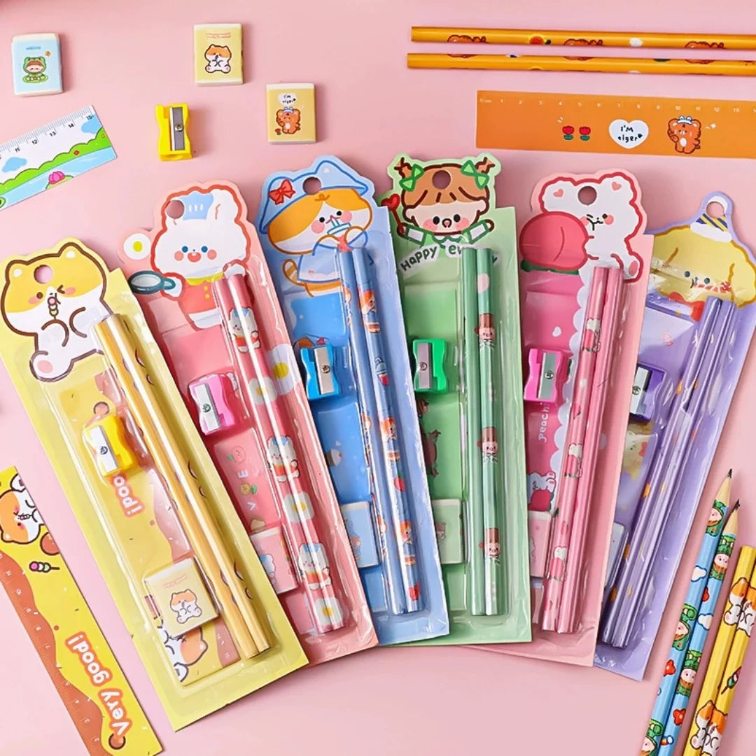 5pcs/Set Christmas Kids Stationery Set Children Pencil Ruler Eraser Sharpener Set School Supplies Gifts Kindergarten Prizes