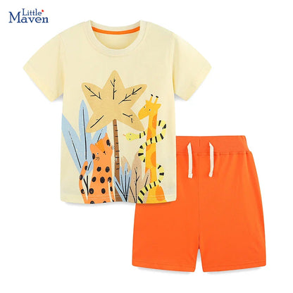 Little maven Baby Boys 2026 New Tracksuit Summer Cotton Children's Clothing Sets Cartoon Animals Tops+Pants Kids Clothes