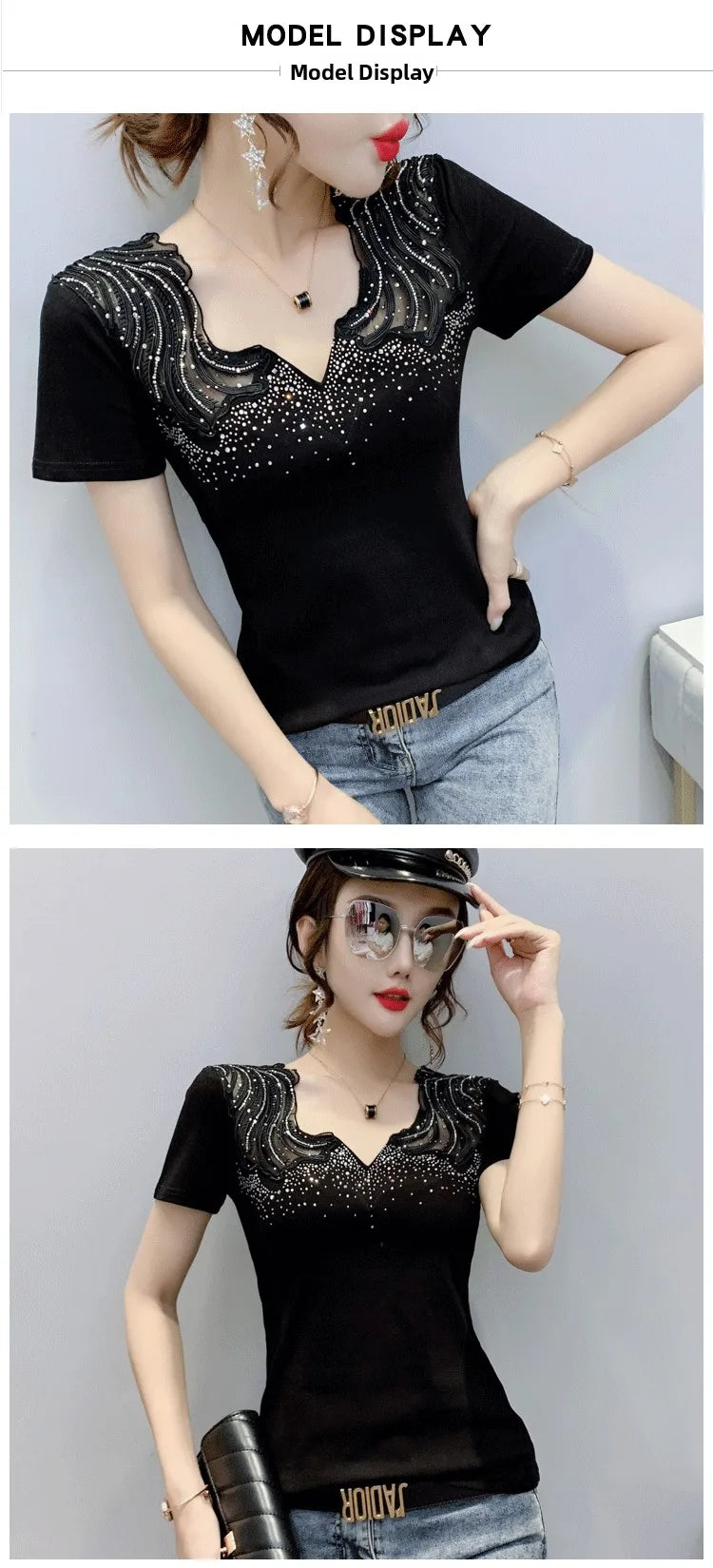 Sexy Hollow out V-Ne Rhinestone ort Sve T-irt Women Summer New Lace Me Top Trendy Anti-Aging Versatile Small irt