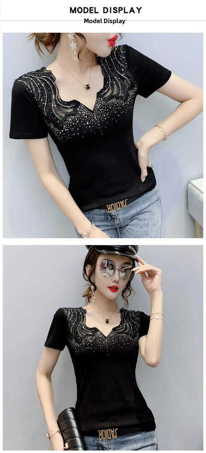 Sexy Hollow out V-Ne Rhinestone ort Sve T-irt Women Summer New Lace Me Top Trendy Anti-Aging Versatile Small irt