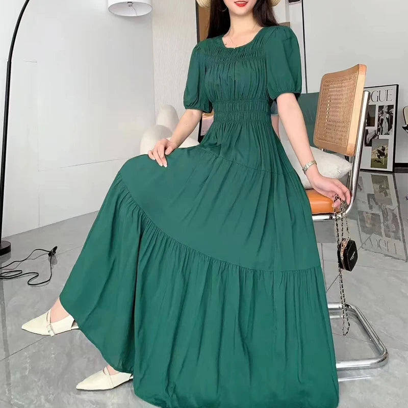 Summer New Cotton Silk Dr Casual High Waist Floral Print Beachwear Outerwear Slimming Waist Long Skirt A-Line Gown