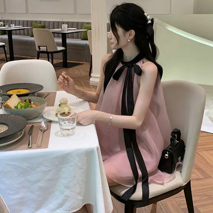 Women's Pink Halter Neck Maxi Dress With Black Bow Detail Sheer Chiffon Flowy Resort Party Dress