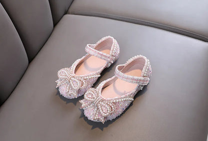 Girls Shoes Bling Single Shoes for Stage Performance Mary Janes Bow Crystal Glitter Wedding Flats Dance Party Leather Shoes New