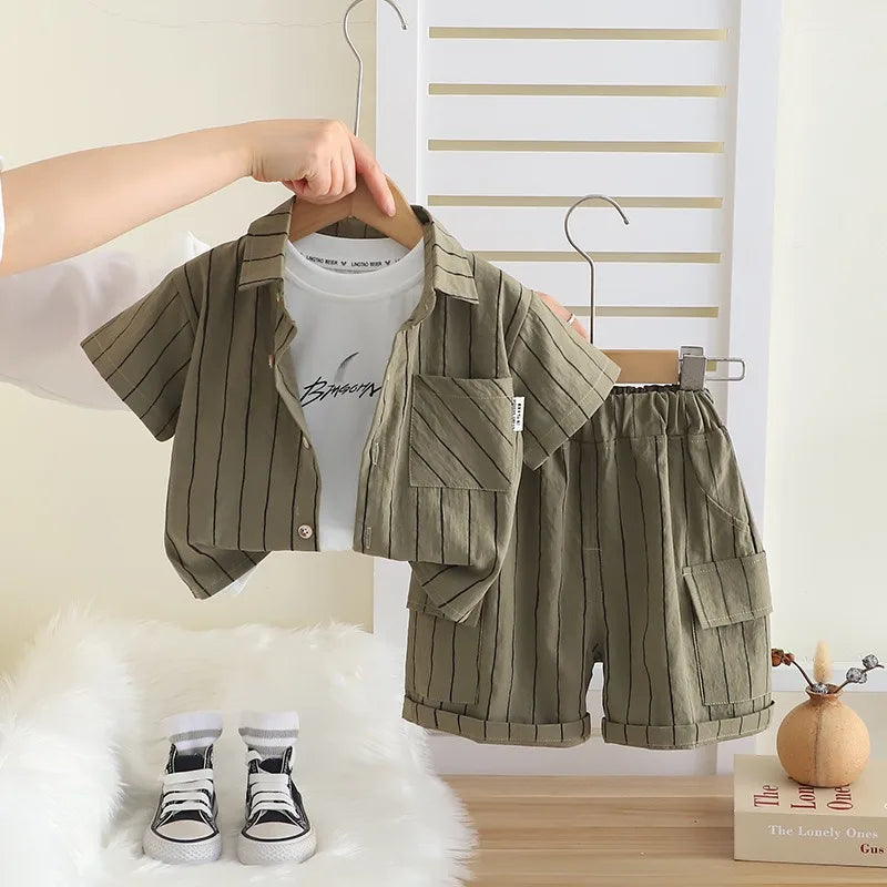 New Fashion Soft and Comfortable Children's Coffee Vertical Stripe Shirt Shorts Three-piece Set Kids Clothes Boys