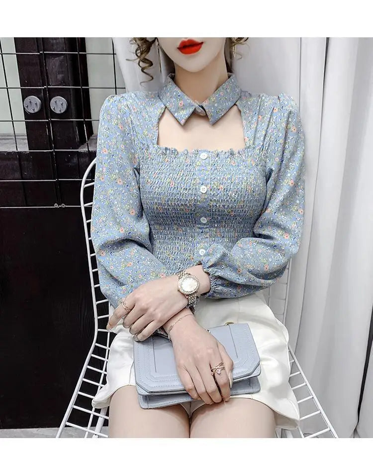 2025 Floral Chiffon Shirt New Spring Summer Women Collect Waist Hollow Out Tops Vintage Blouse Women Longsleeve Short Shirt 3XL