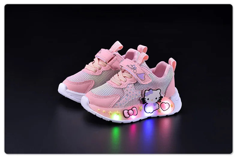 Hello Kitty Led Casual Sneakers for Summer Girls Print Mesh Breathable Shoes Children Lighted Non-Slip Cute Outdoors Sport Shoes