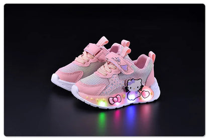 Hello Kitty Led Casual Sneakers for Summer Girls Print Mesh Breathable Shoes Children Lighted Non-Slip Cute Outdoors Sport Shoes
