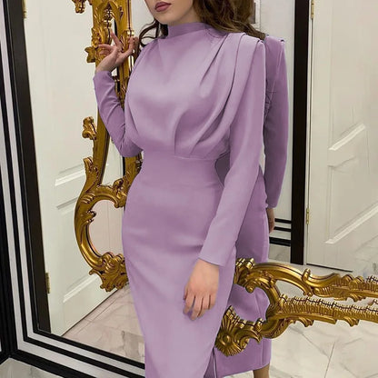 Women's Spring New Dresses with European and American Temperament, Waist Wrapped Solid Color Long Skirt, Long Sleeves, Round Nec