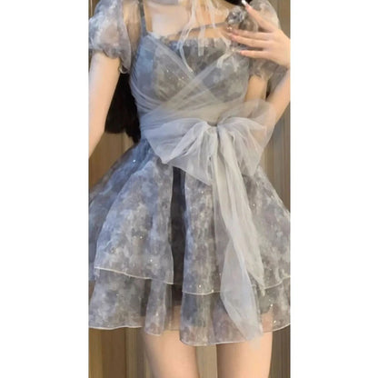 Princ Sle Sweet Fairy T Summer Dr Women's Me Skirt Tea Break  Knot Puffy Skirt ort Sve Square Collar