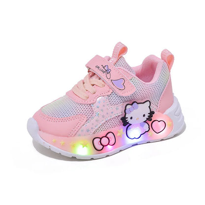 Hello Kitty Led Casual Sneakers for Summer Girls Print Mesh Breathable Shoes Children Lighted Non-Slip Cute Outdoors Sport Shoes