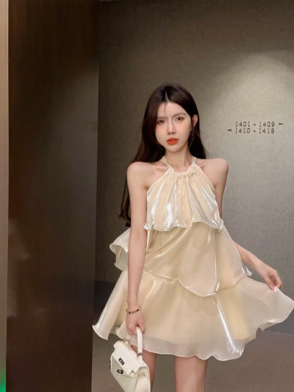 Woman Dress Elegant Sweet Sleeveless Ruffles Mesh Loose Summer New Cake Mini Dresses Solid Sexy Female Casual Fairy 2026