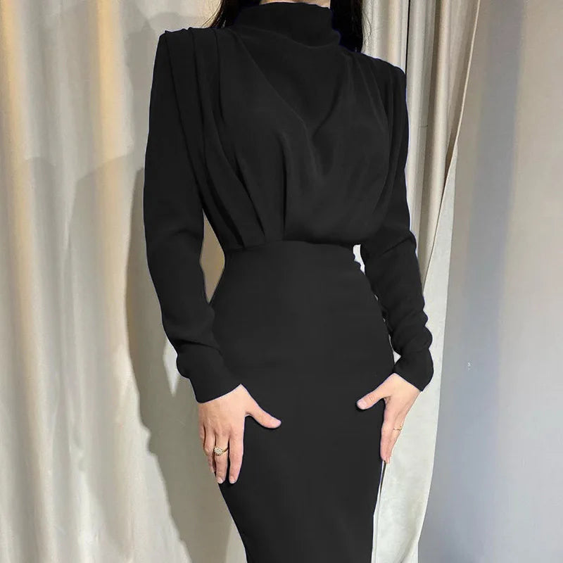 Women's Spring New Dresses with European and American Temperament, Waist Wrapped Solid Color Long Skirt, Long Sleeves, Round Nec