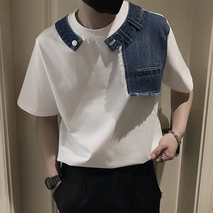 Men Trendy Vintage Denim Patchwork Design Tees Summer Short Sleeve Luxury Chic T Shirt Casual Round Neck Loose Tops Ropa Hombre  ( Available )