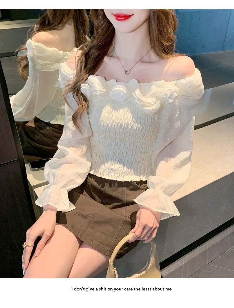 Sweet oulder One-oulder 3D Flower Bell Sve Women's irt Spring New Sle Waist Cinching Beautiful Top Ci Walk ort...