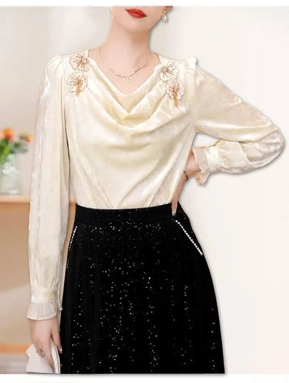 Faionable Floral Patchwork Long Sve irt Women's Winter Luxury Sle Ele Top French Sle Loose Fit Polyester Fiber