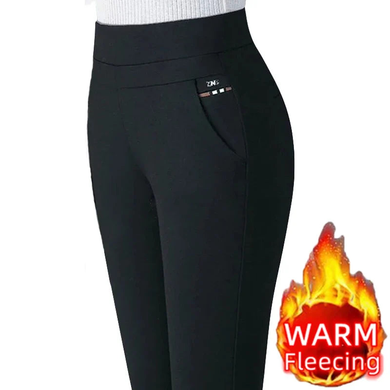Autumn Winter Casual Elegant Office Slimming Solid Color Fleecing Thick Thin Women's Pants Elastic Waist Tight Pencil Pants (Available)