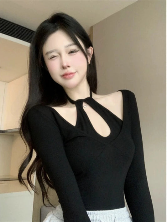 Sexy Spicy Girl Hollow out Long Sve Ne Hanging T-irt Women's Slimming Base irt Trendy Top Korean Sle round Ne