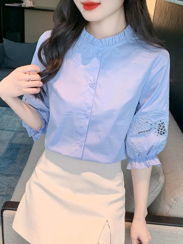 Ele Embroidered ort Sve irt Women's Summer New Design Korean Sle Commute Lantern Sve White irt for Ladies
