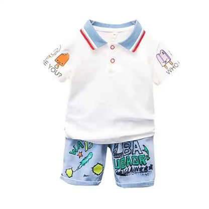 Boys 2025 Summer Outfit T-Shirt and Jeans Korean Polo Fashion 2PCS Casual Clothing Korean Reviews Top Toddler Kids Clothes Sets (Available )