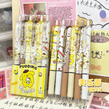Sanrio 6pcs Series Gel Pen 0.55mm Refill Hello Kitty Y2k Cinnamoroll Kuromi MelodyCartoon Press Pen Black Stationery Supplies