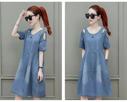 Short sleeved Denim Dress Summer Women's 2024 New College style Fashion Student Loose Dress With pockets Casual Clothing