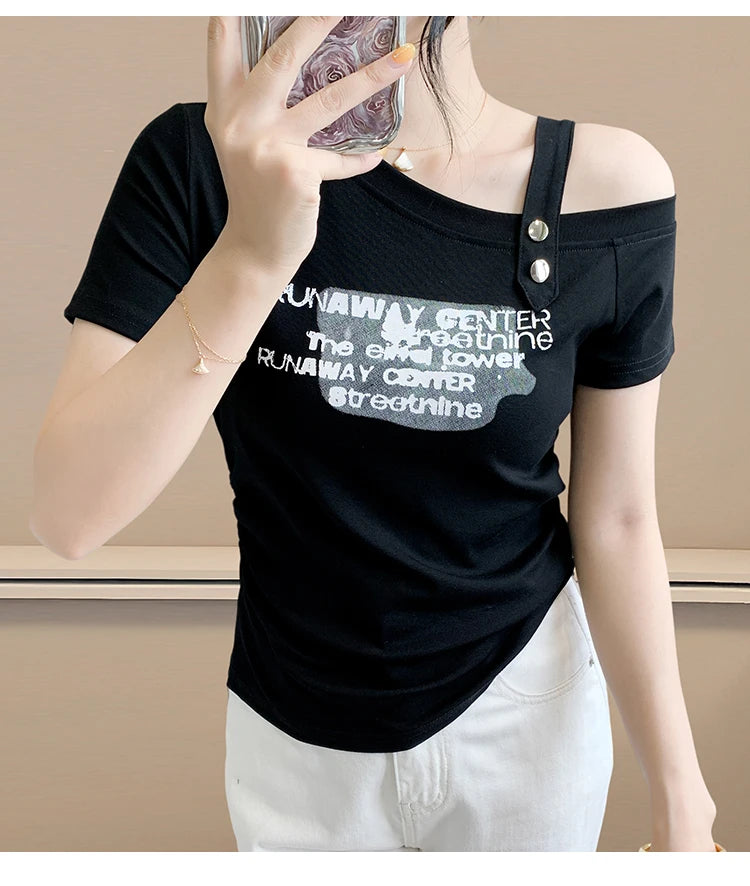 Sexy oulder Bared T irt Women's ort Sve Asymmetrical Collar Faionable Slimming Top Korean Sle Cotton Blend Summe...