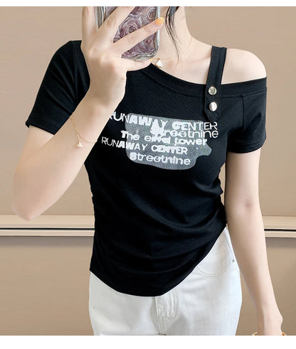 Sexy oulder Bared T irt Women's ort Sve Asymmetrical Collar Faionable Slimming Top Korean Sle Cotton Blend Summe...