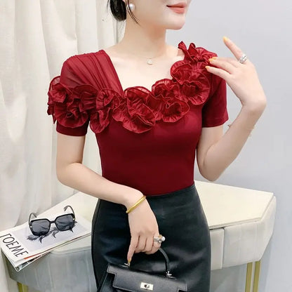 Faionable Floral Lace Ear ort Sve Slimming Me oulder Bared T-Shirt Women's Casual Sle Polyester Fabric Tee irt