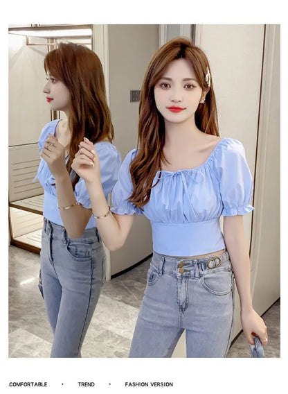 Summer New Fashion Temperament Women Bubble Sleeve Square Collar Shirt Design Sense Of Small Sweet Halter Short Sleeve Top