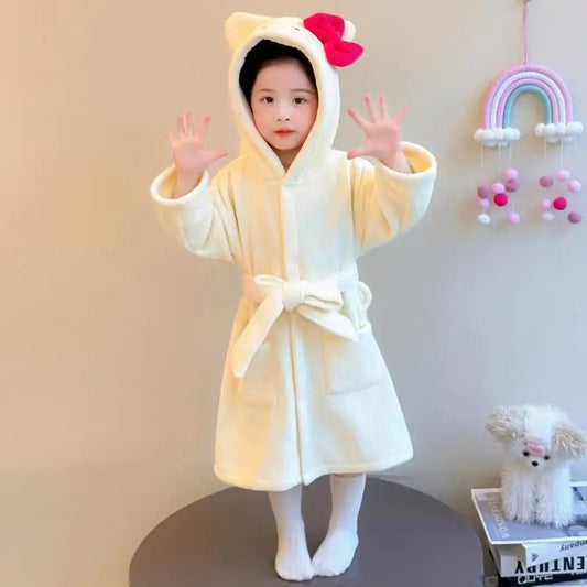 Sanrio Hello Kitty Children Bath Robe Pajamas Terry Cloth Girls Babies Toddlers Spring Winter Home Wear Hooded Cozy Sleepwear