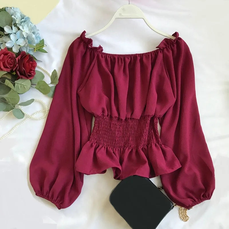 Spring Fall Korean Long Sleeve Chiffon Women Blouse Shirt Slim Sexy Slash Neck Ladies Shirts Womens Tops And Blouses JW9023