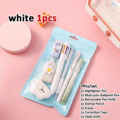 7-in-1 Stationery Set Birthday Present Back to School Gift Pencil Eraser Students Prize School Office Correction Tape Kids