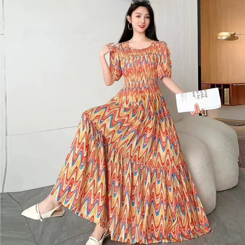 Summer New Cotton Silk Dr Casual High Waist Floral Print Beachwear Outerwear Slimming Waist Long Skirt A-Line Gown