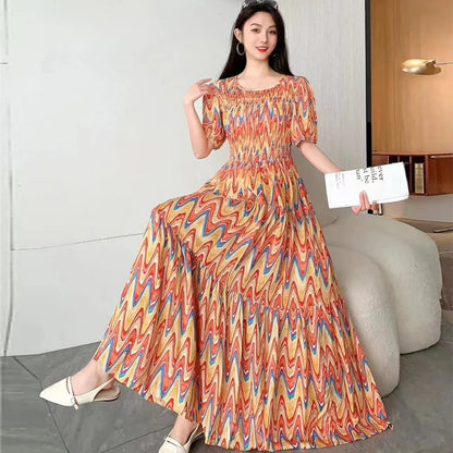 Summer New Cotton Silk Dr Casual High Waist Floral Print Beachwear Outerwear Slimming Waist Long Skirt A-Line Gown