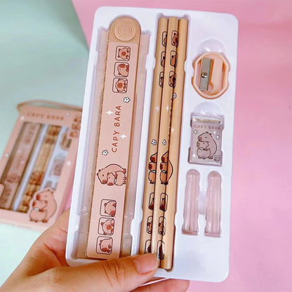1Set 8 In 1 Student Stationery Capybara Pencil Ruler Eraser Sharpener Set Office Accessories School Writing Supplies Kids Gifts
