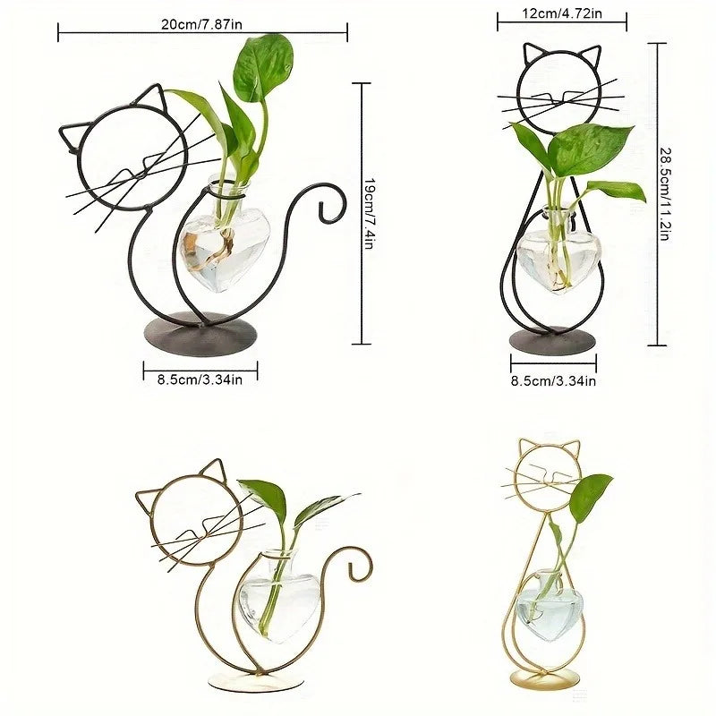 Simple Cat Iron Flower Machine Heart-Shaped Hydroponics Vase Creative Home Living Room Dining Table Decoration