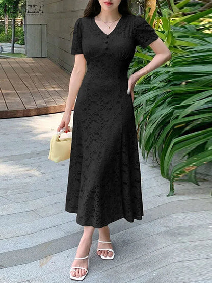 ZANZEA Women Summer Lace Patchwork Dresses 2026 Elegant Party Dress Stylish V Neck Short Sleeve Office Sundress A Line Midi Robe