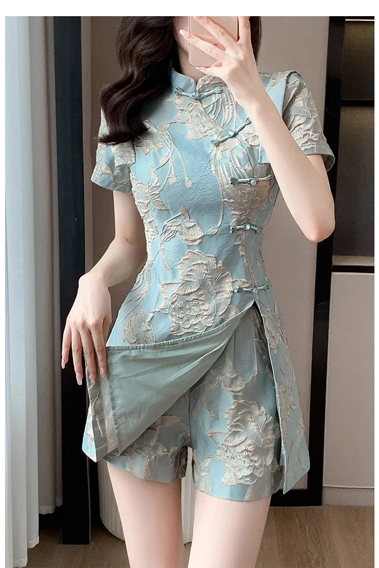 Faionable  Outfit Stand Collar Side Button Mid-Length irt orts Two-Piece Set New 2025 Versatile Nylon Material