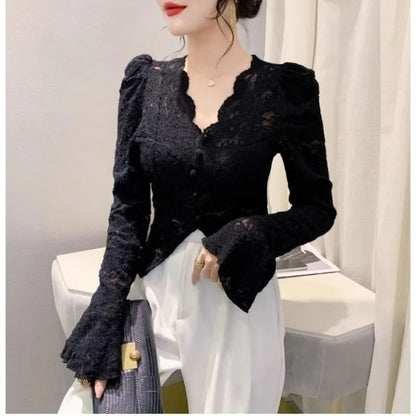 Spring Summer Lace T-shirt Slim Women V-neck Long Sleeve Shirt Button Irregular Short Tops Puff Sleeves Vintage Chic Design Tees