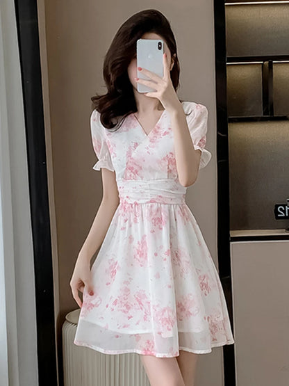 Floral Print A-Line Chiffon Dr Women's Summer 2026 New Sle Slimming ort Dr V-Ne Princ Sve Waist-Cinched