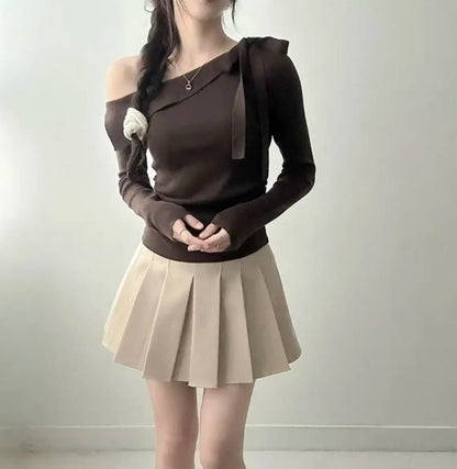 Women's Knitted Sweater Chic oulder Bow Design Long Sve Sweet Inner Wear Base irt Korean Sle Faionable Top