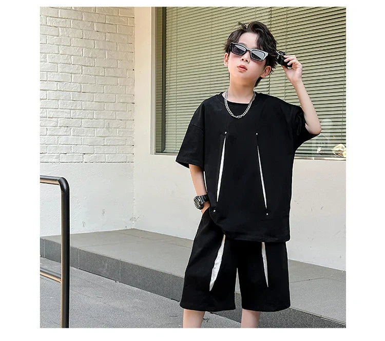 American Kids Design Double Cotton Gauze Clothing Set For Teenage Boy Casual Summer Top and Bottom Clothes Set Child Tracksuit