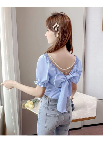 Summer New Fashion Temperament Women Bubble Sleeve Square Collar Shirt Design Sense Of Small Sweet Halter Short Sleeve Top