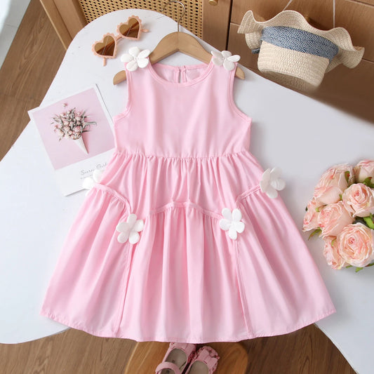 Summer Girl's Dress White Flower Decoration Sleeveless Fashion Princess Dress Solid Color Casual Dresses For Girls For 3-7Y