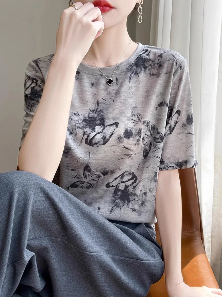 Retro Tie Dye Print Silk Wool ort Sve T irt Women Summer Loose Slimming Thin  Silk f Sve Top