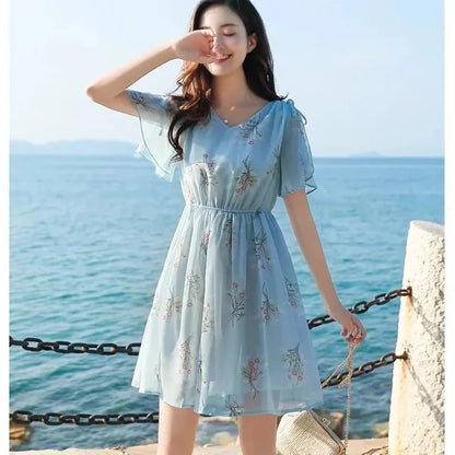 Sweet V-Neck Printing Shirring Bow Chiffon Floral Dress Female Clothing Summer New Loose Butterfly Sleeve Princess Dress