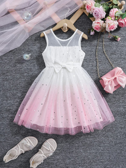 A cute and dreamy round-neck vest dress with star and moon sequin gradient print tulle for girls in summer