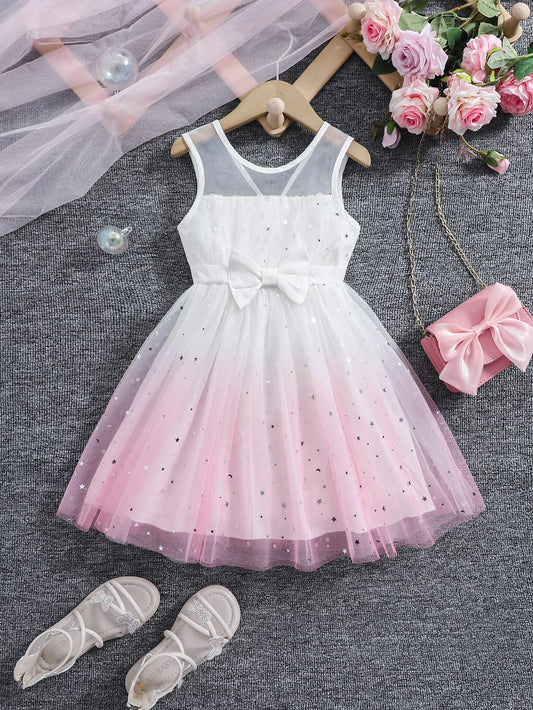 A cute and dreamy round-neck vest dress with star and moon sequin gradient print tulle for girls in summer
