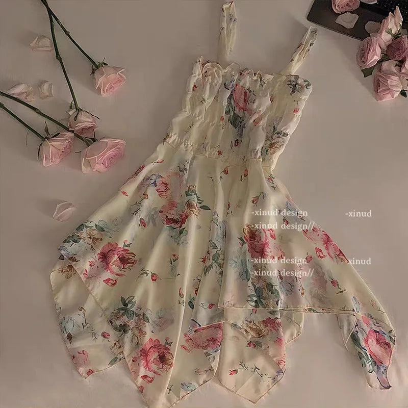 Hotsweet Style Flower Dress Chiffon Strap Temptation Sexy Elastic Waist Irregular Temperament Sweet Girl Perspective Dresses FJ8